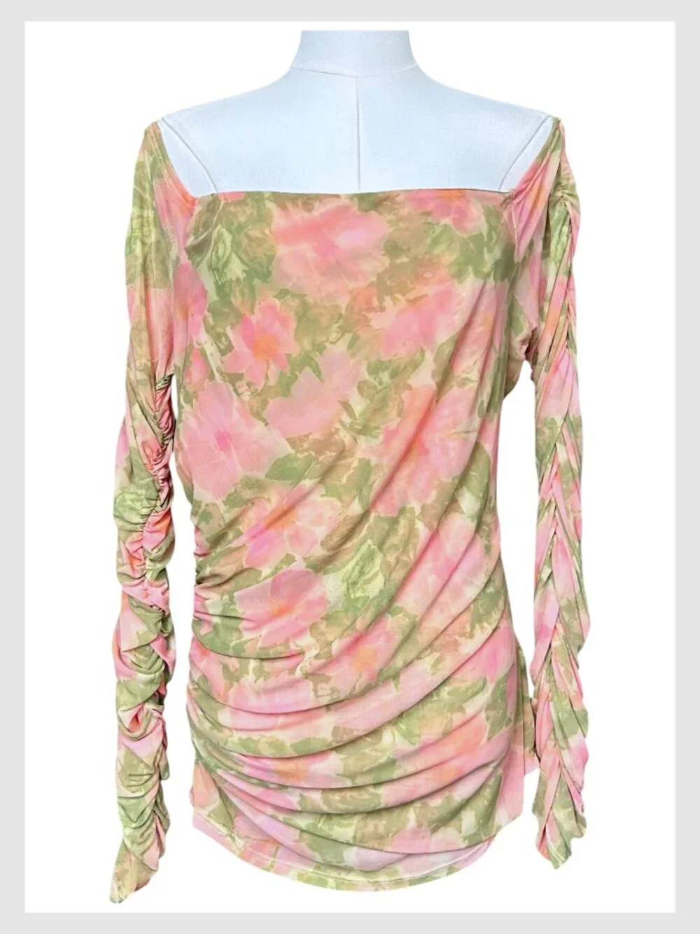 Free People Priya Blouse Pink Floral Mesh Ruched Off Shoulder L